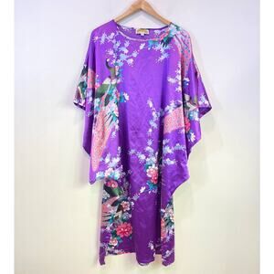 VTG 100% Silk Kimono ,Purple, Floral Print All Over, lagenlook, Peacook Bird M